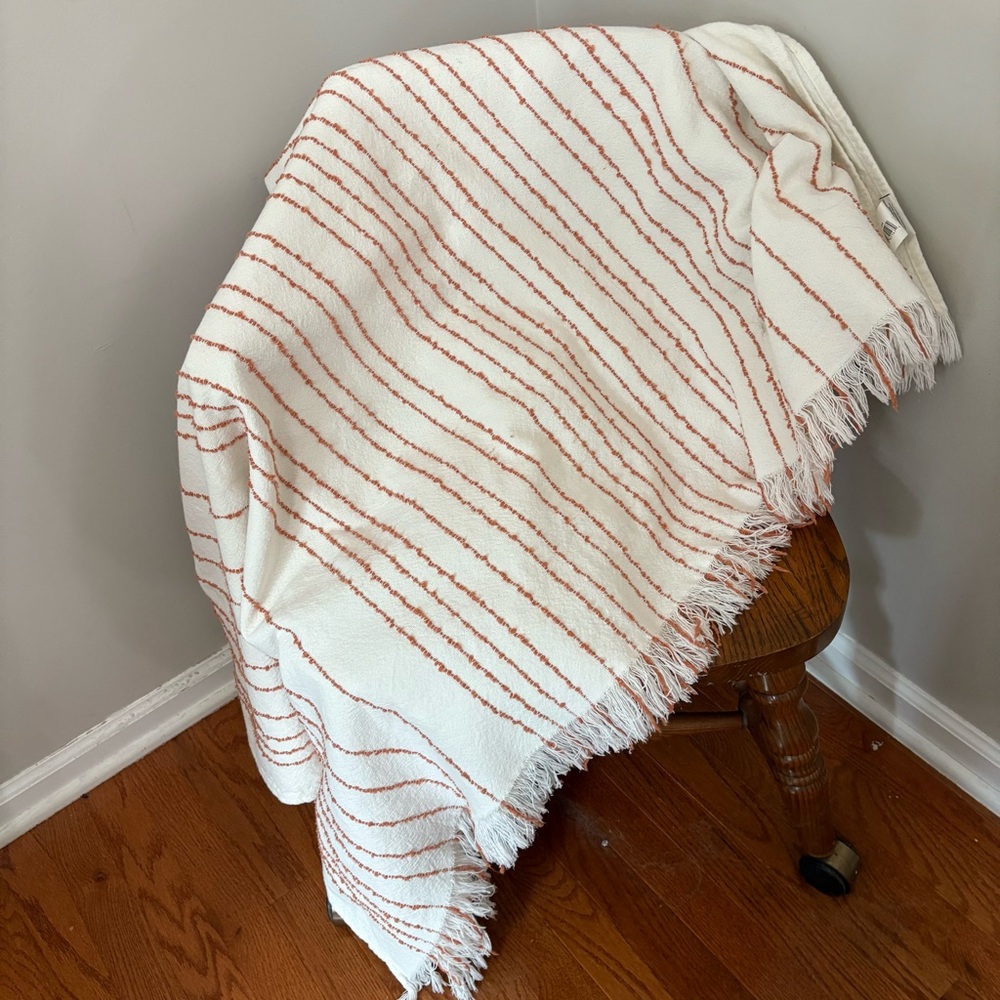 Hearth & Hand Magnolia Textured Stitch Stripe Throw w/Fringe Cream/Orange EUC